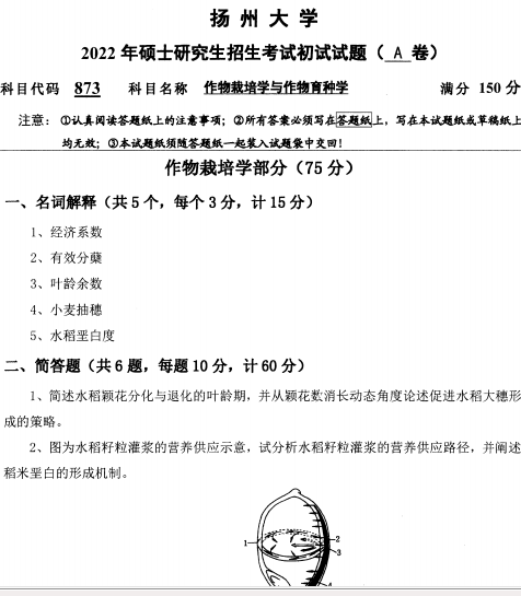 2022年扬州大学873作物栽培学与作物育种学考研真题.pdf
